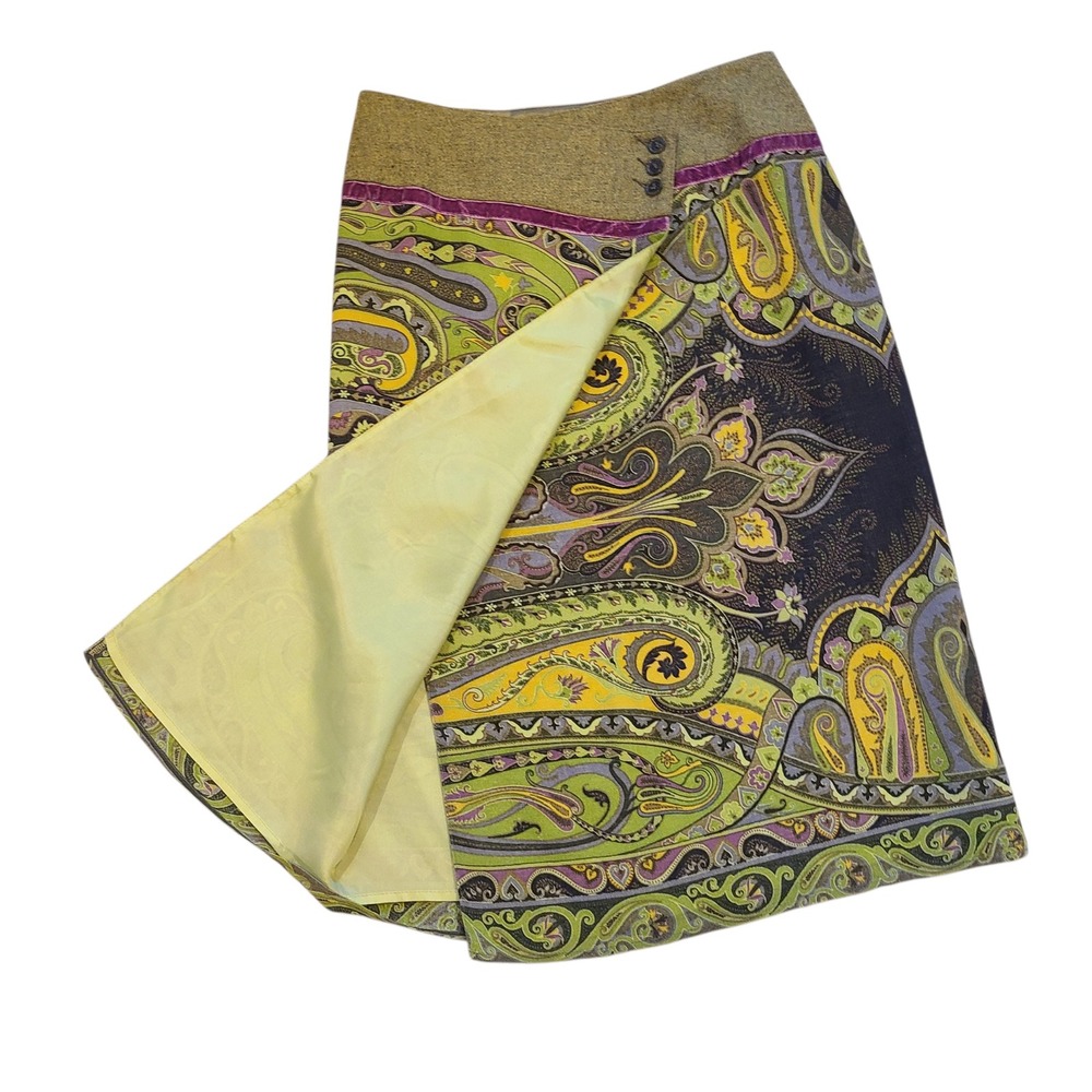 Etro Milano 100% Wool Paisley Wrap Midi Skirt Green Purple IT 42 Italy luxury - Picture 3 of 6